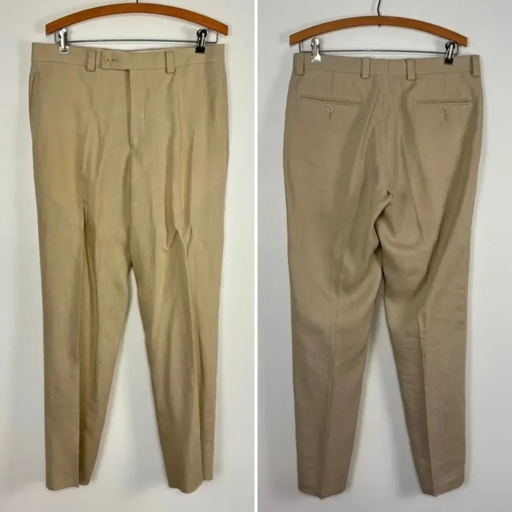 Calvin Klein Mens 3 Piece Linen Suit Beige Tan 38R Pants 32R Blazer Vest Trouser